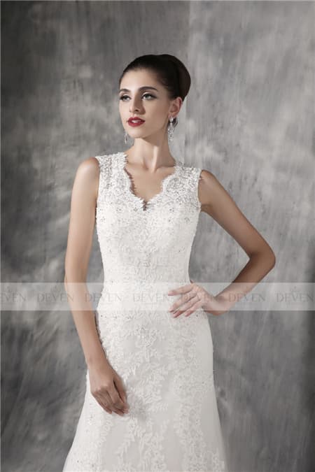 3_4 Sleeves Round Collar Beaded Bow Lace A_Line Gown